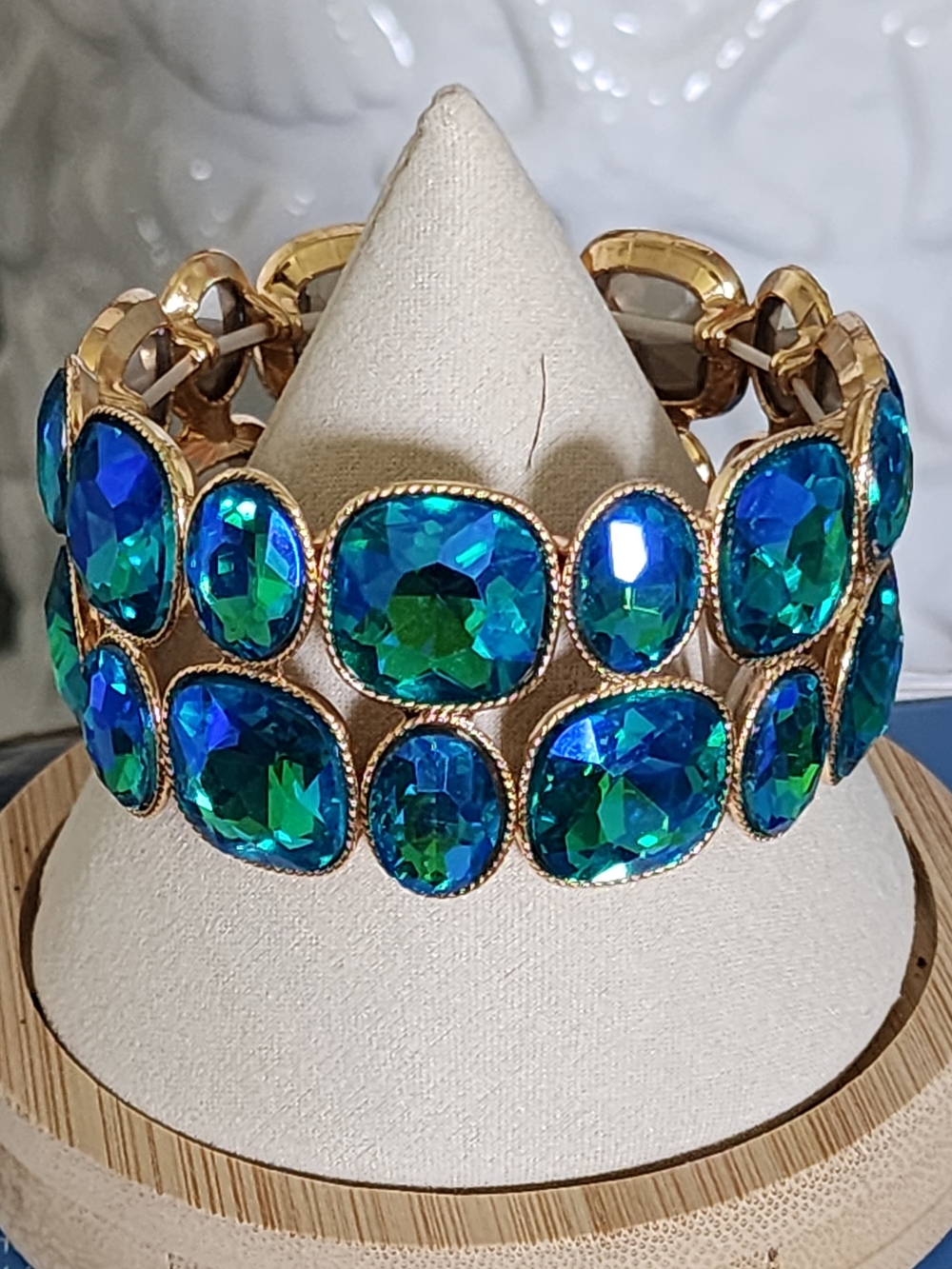Gold-Tone Stretch Bracelet with Blue-Green AB Crystals, NWOT